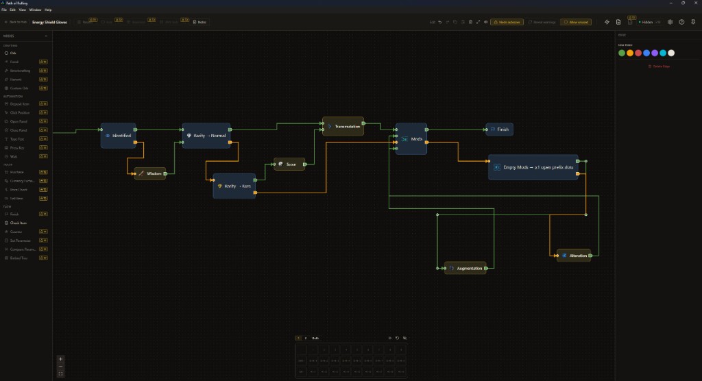 Path of Rolling craft tree editor with nodes, conditions, and orb staging